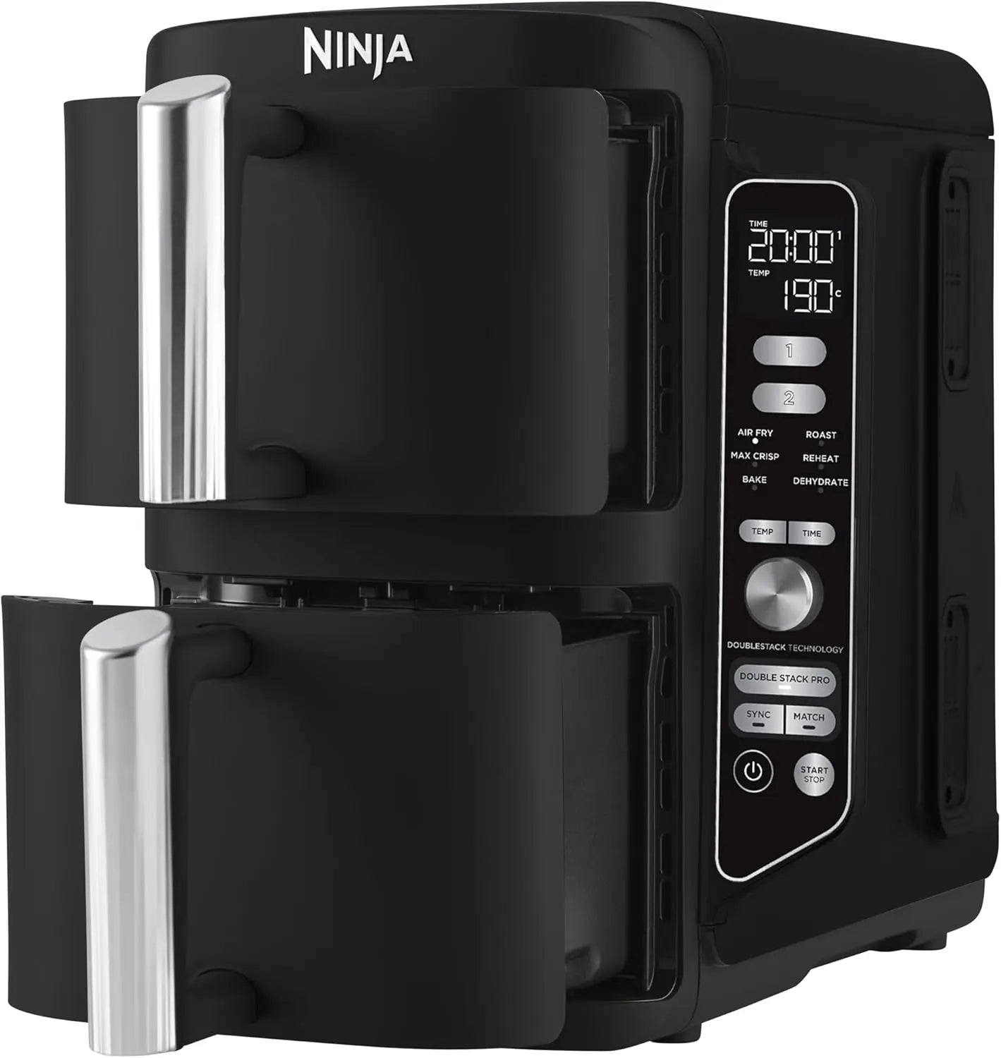 Black Ninja foodi appliance with digital control panel on a white background