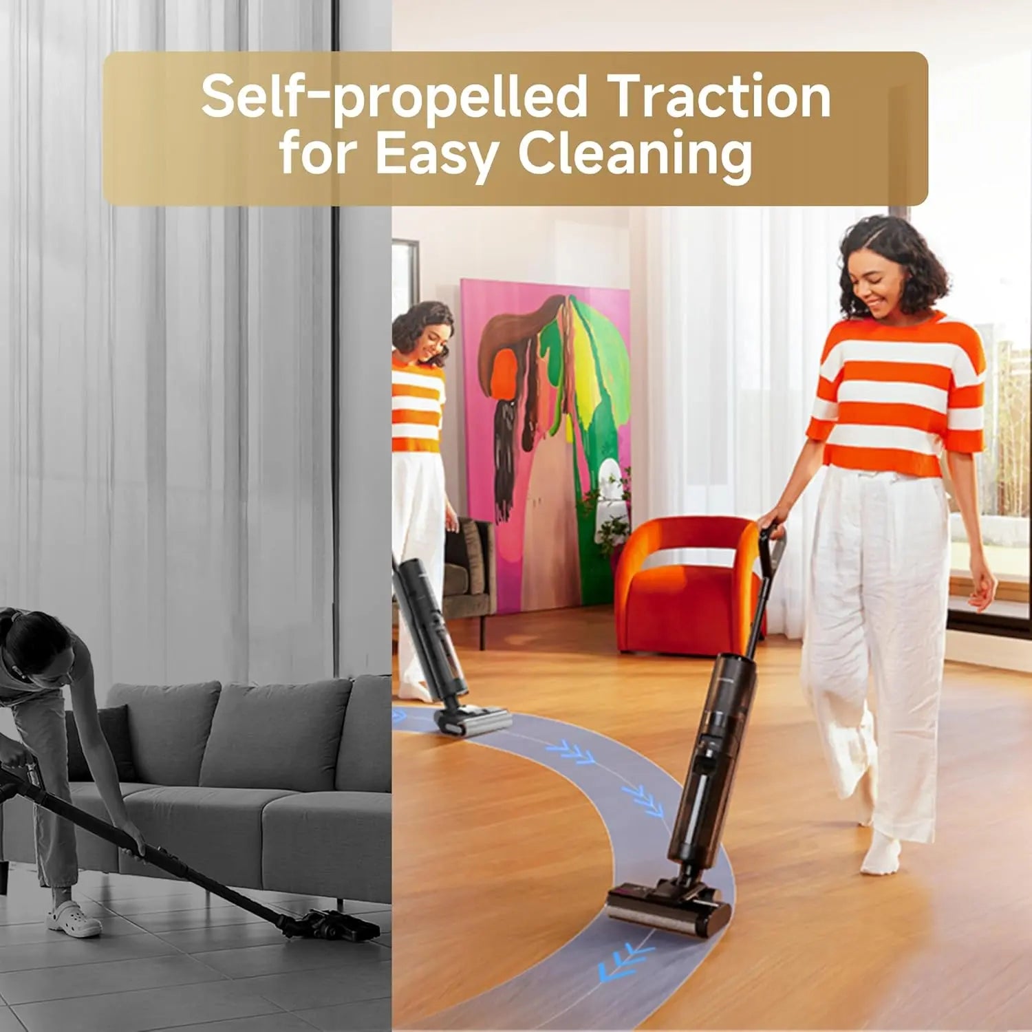 Woman using a vacuum cleaner with text 'Self-propelled Traction for Easy Cleaning' in a living room setting.