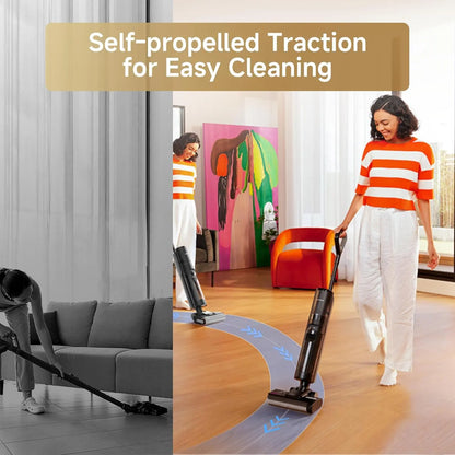 Woman using a vacuum cleaner with text 'Self-propelled Traction for Easy Cleaning' in a living room setting.