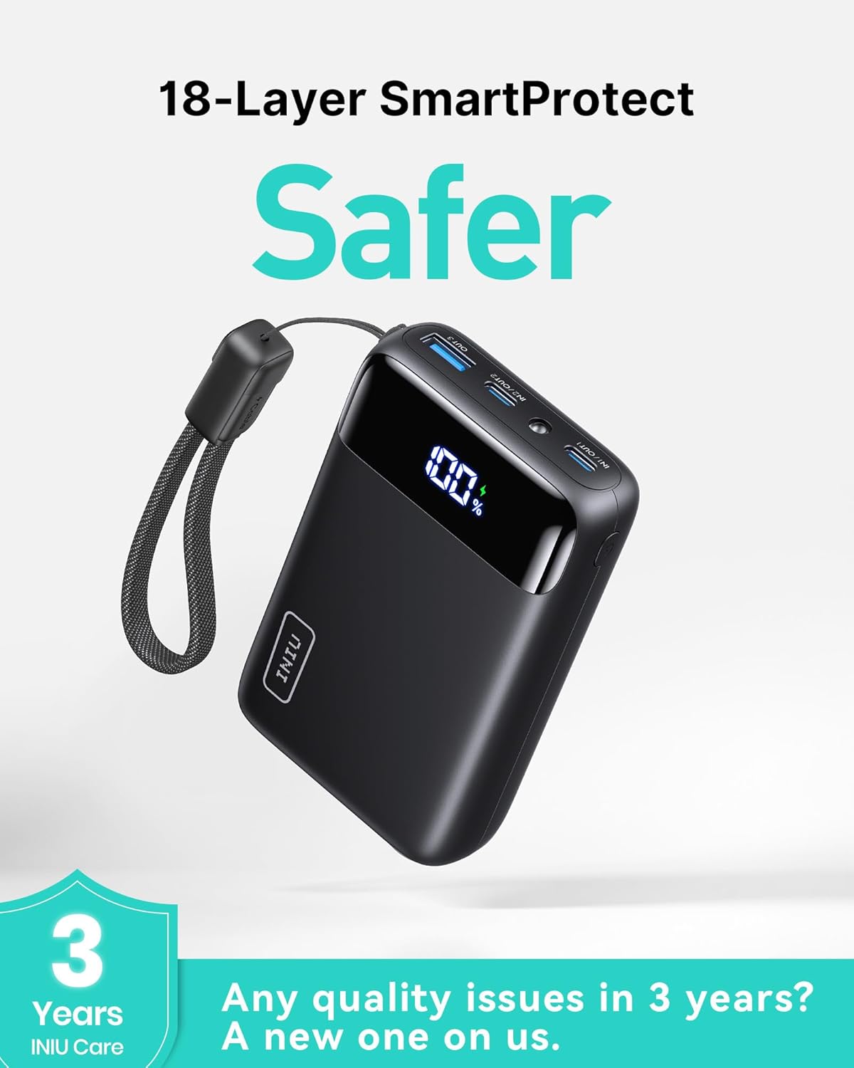 Black power bank with digital display on a white background, featuring '18-Layer SmartProtect Safer' text.