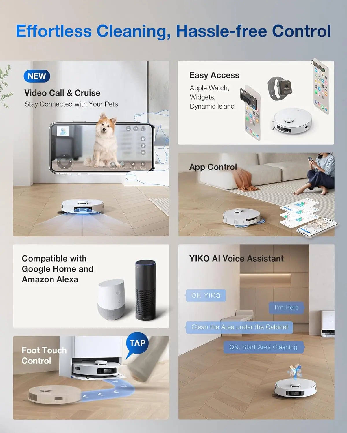 Collage of a robot vacuum cleaner with features like video call, app control, and AI voice assistant.