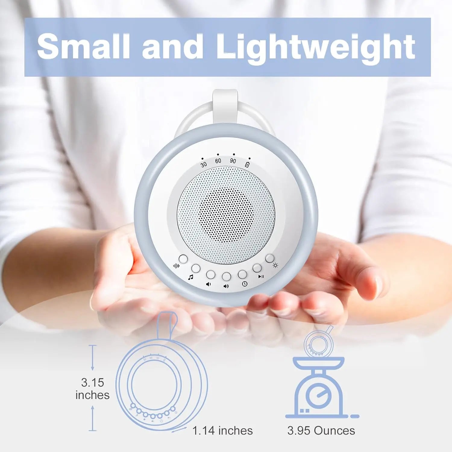 White noise machine held by hands with measurements and text 'Small and Lightweight' on a white background