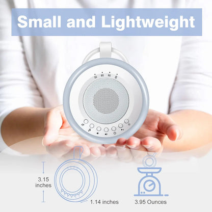 White noise machine held by hands with measurements and text 'Small and Lightweight' on a white background