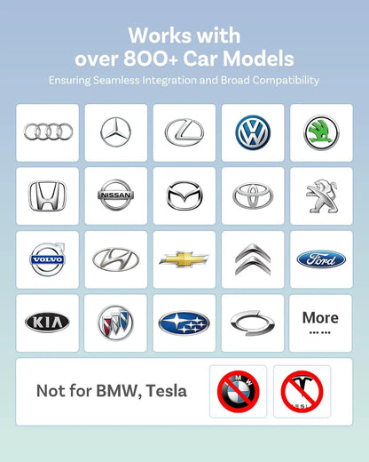 List of car brand logos with compatibility information on a light blue background