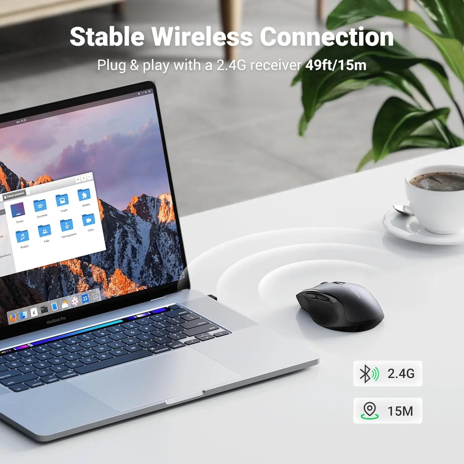 Laptop on a desk with a mouse, coffee cup, and plant, featuring text about stable wireless connection.