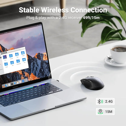 Laptop on a desk with a mouse, coffee cup, and plant, featuring text about stable wireless connection.