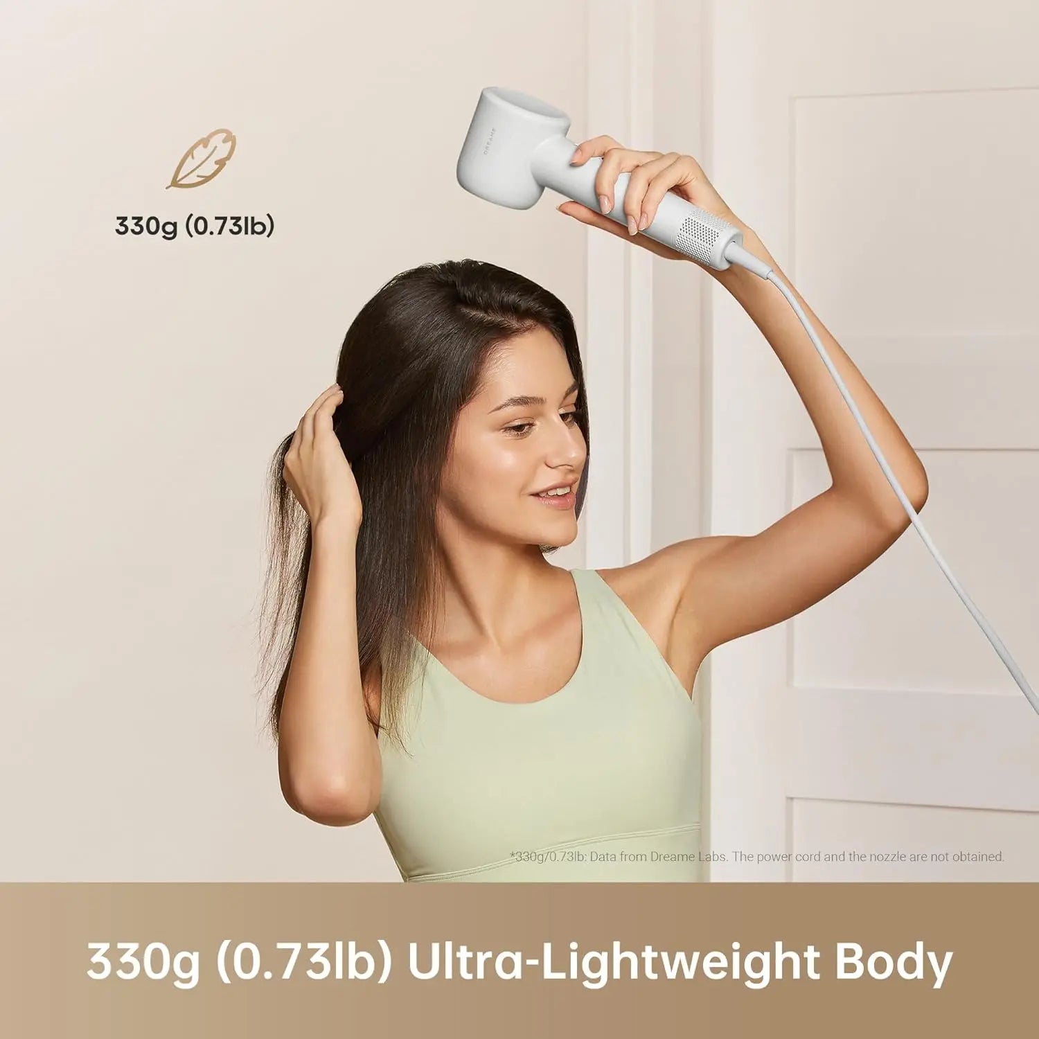 Woman using a hair dryer with text indicating weight and feather icon