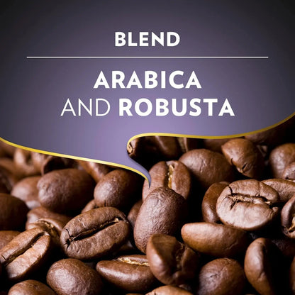 Roasted coffee beans with 'MEZCLA ARABICA Y ROBUSTA' text on a dark background
