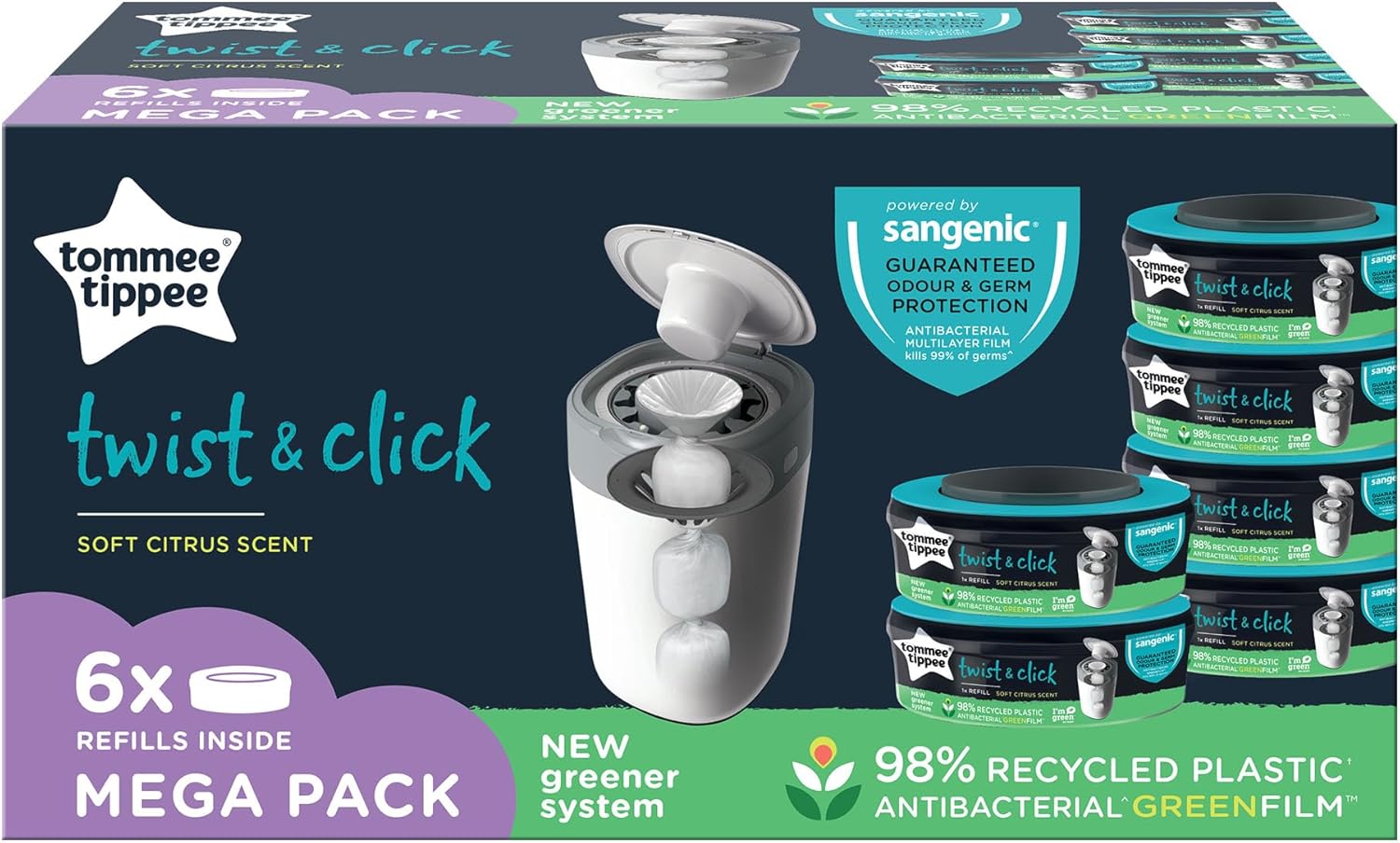 Tommee Tippee Twist & Click Nappy Bin Refill Cassettes | 6 Pack | 10.5m Antibacterial Film | 100+ Nappies AMZ Av8Store
