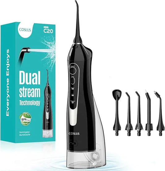 Coslus dental water flosser with packaging and nozzles on a white background
