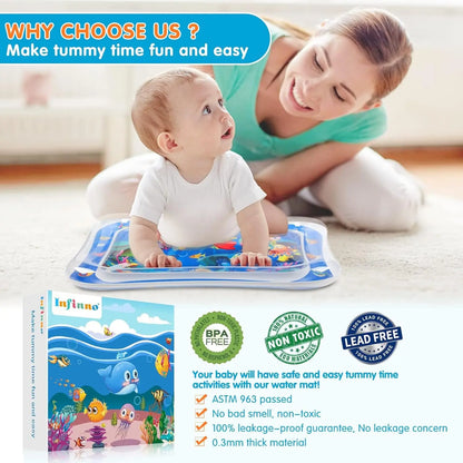 Baby playing on an inflatable water mat with a woman, featuring product packaging and safety certifications.