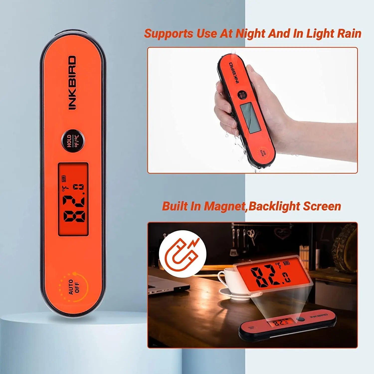 Inkbird digital thermometer with features highlighted on a light blue background