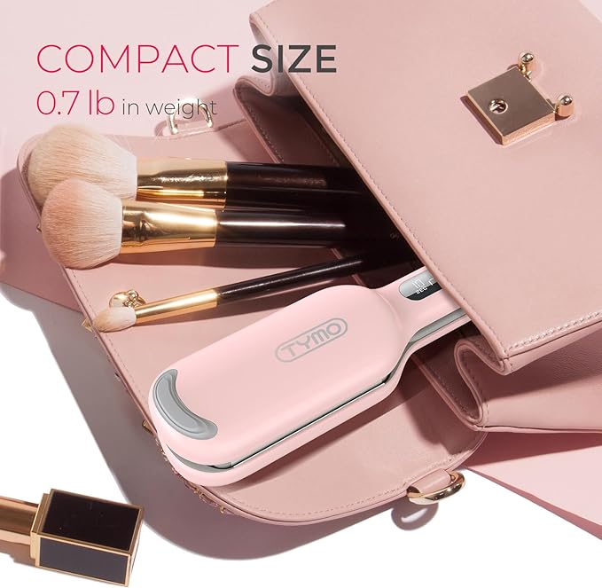 Makeup brushes and a hair straightener in a pink case with text about size and weight.