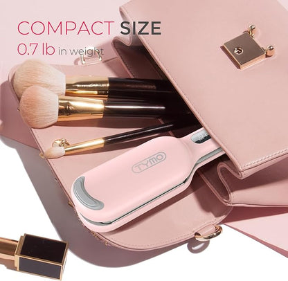 Makeup brushes and a hair straightener in a pink case with text about size and weight.