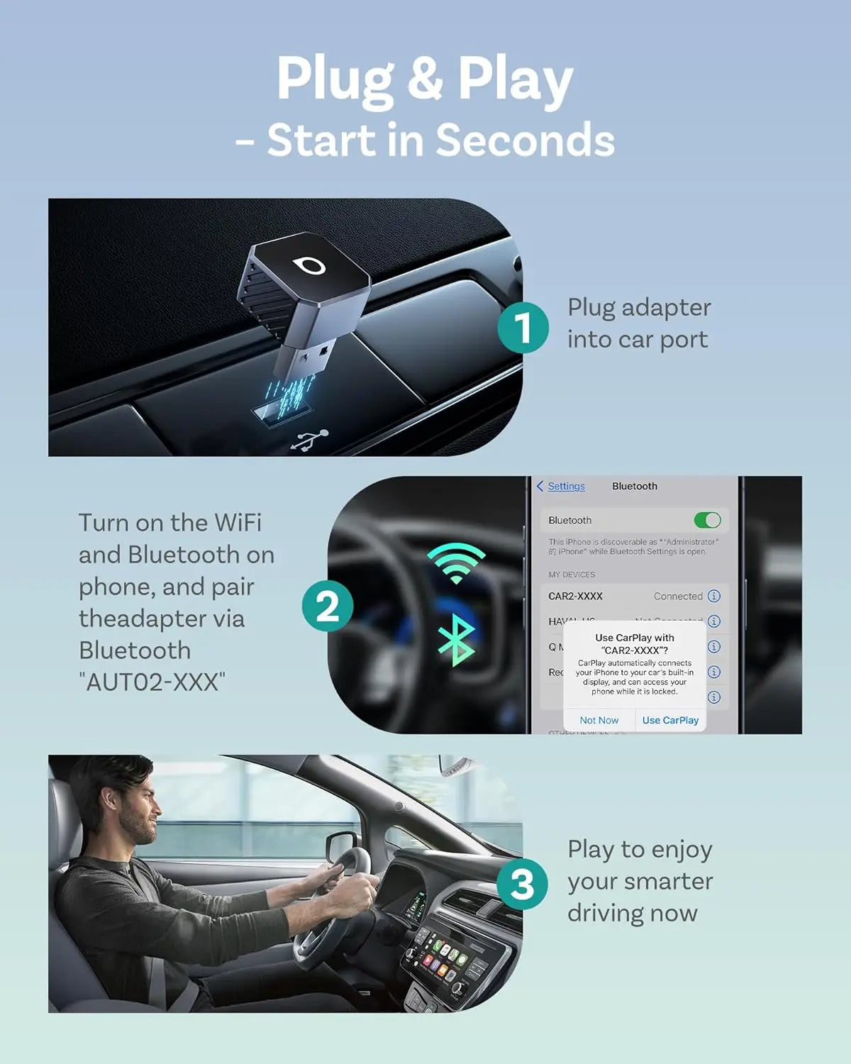 Step-by-step guide on how to use a car adapter with Bluetooth and WiFi, shown in a car interior.