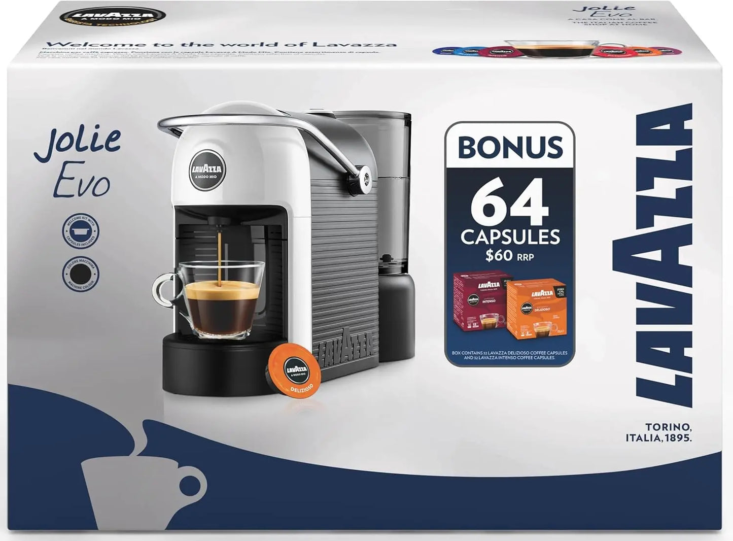 Lavazza A Modo Mio Jolie EVO Capsule Coffee Machine | White | 64 Pods Included AMZ