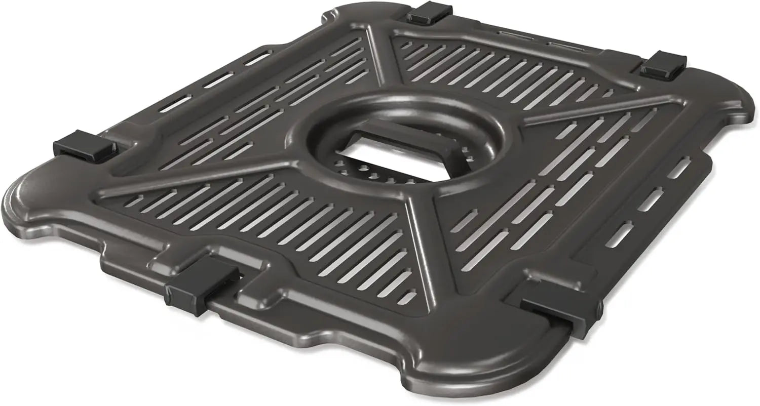 Black plastic component with a central circular hole on a white background