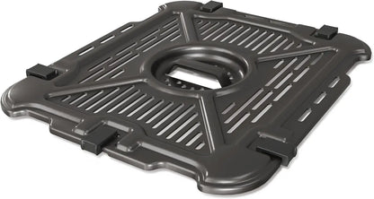 Black plastic component with a central circular hole on a white background