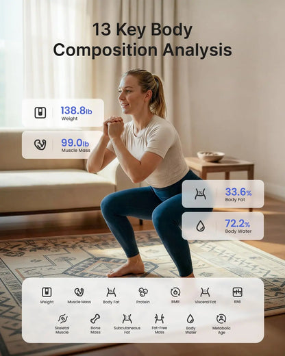 Woman performing a squat in a living room with body composition analysis graphics overlayed.