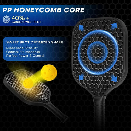 Pickleball paddle with honeycomb core design and text highlighting features on a dark background.