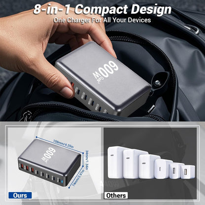 600W GaN USB-C Charging Station – 8-Port (5x USB-C + 3x USB-A) PD 3.1 140W