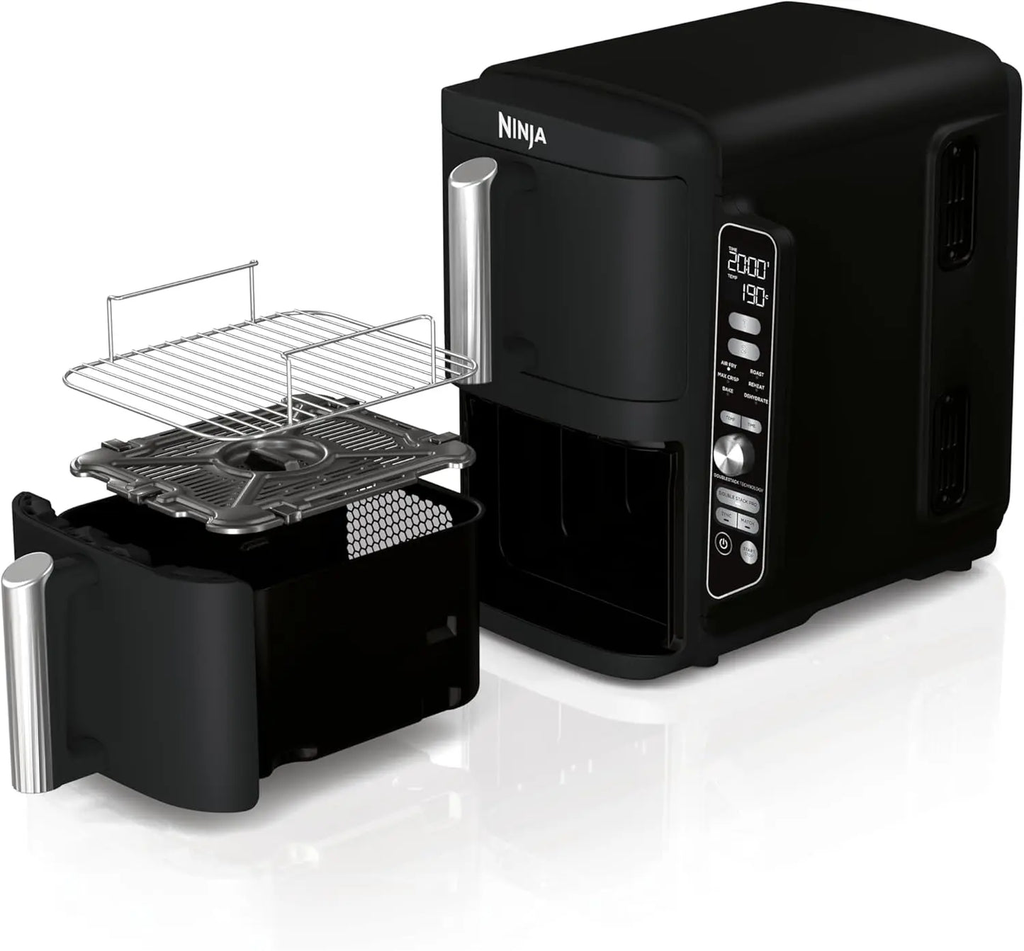 Black Ninja foodi multi-cooker with open door showing interior components on a white background