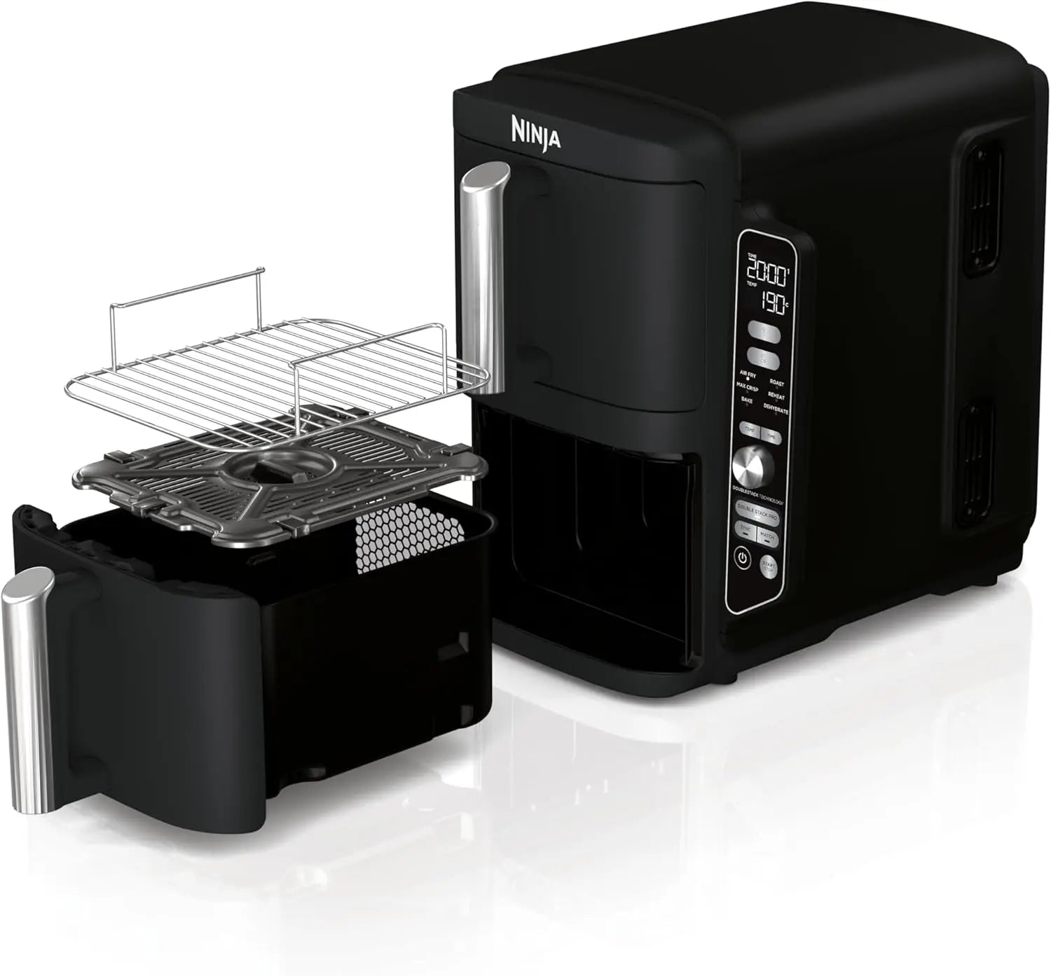 Black Ninja foodi multi-cooker with open door showing interior components on a white background