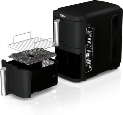 Black Ninja foodi multi-cooker with open door showing interior components on a white background