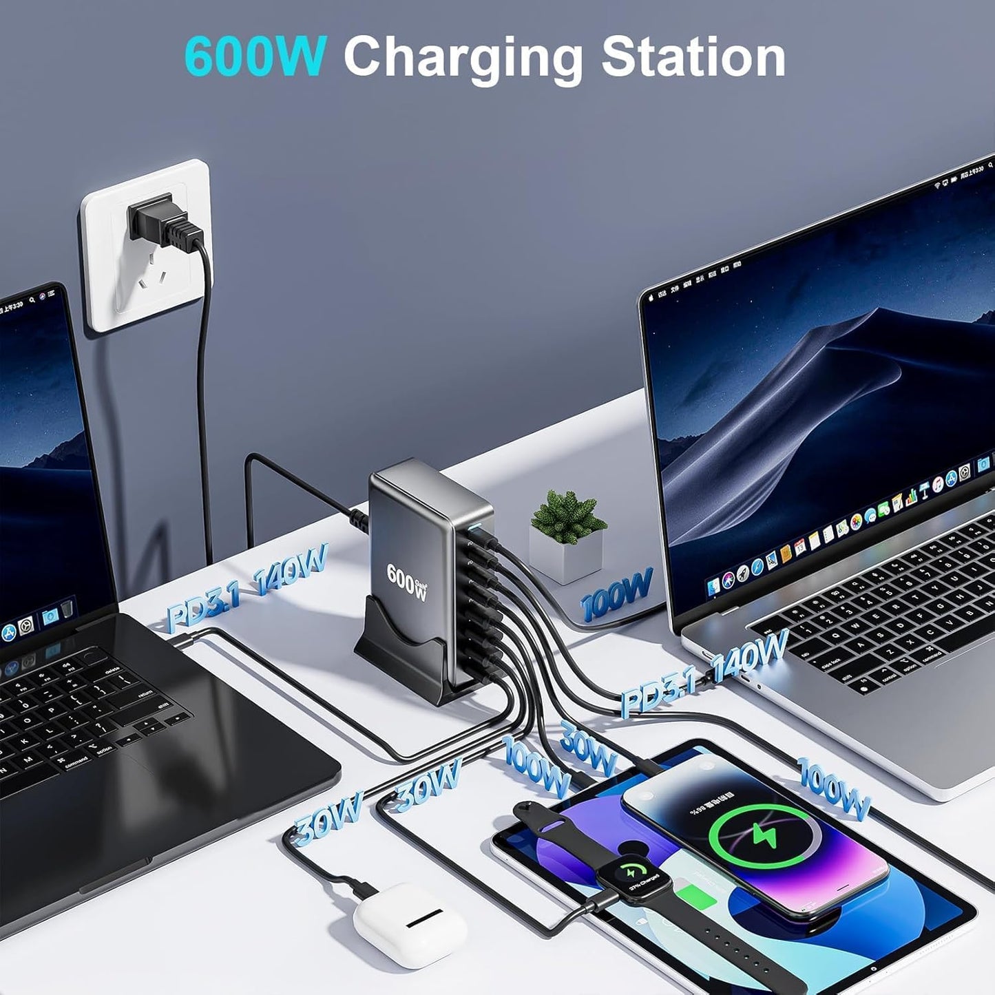 600W GaN USB-C Charging Station – 8-Port (5x USB-C + 3x USB-A) PD 3.1 140W