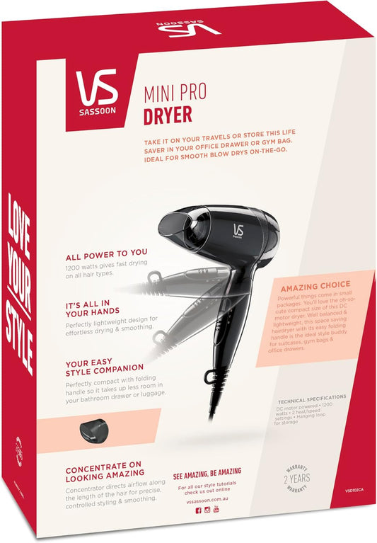 Close-up of VS Sassoon MiniPRO folding handle mechanism
