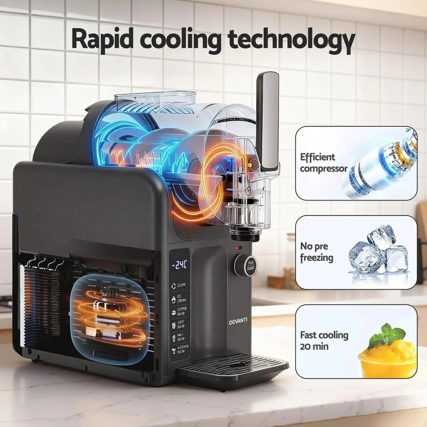 Ice maker with rapid cooling technology on a kitchen counter