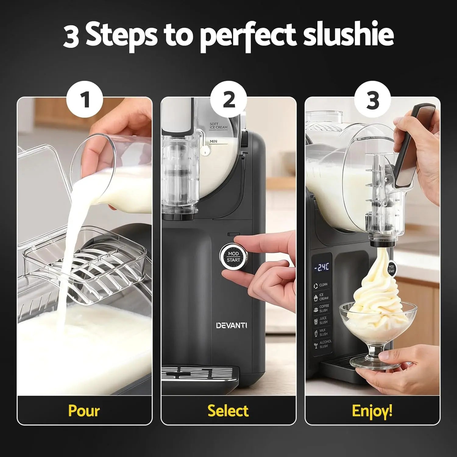 Step-by-step guide on making a perfect slushie using a Devanti slushie machine.