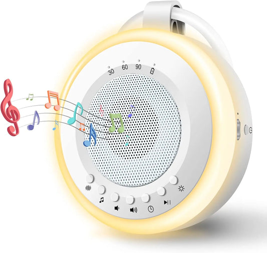 Round white device with glowing yellow border and music notes on a white background