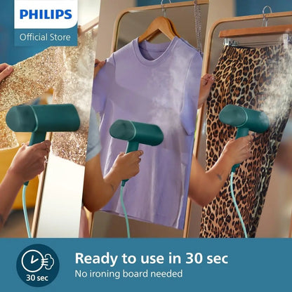 Person using a handheld steamer on a shirt with Philips branding and product features highlighted.