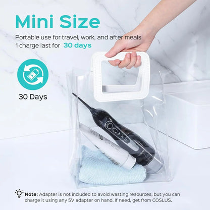 Portable dental device in a clear bag with text about mini size, portable use, and battery life.