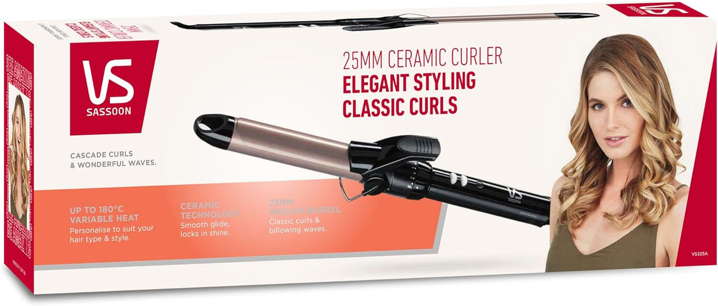 VS Sassoon Ceramic Hair Curler 25mm – 10 Heat Settings, Auto Shut-Off, Black
