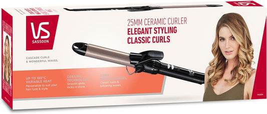 VS Sassoon Ceramic Hair Curler 25mm – 10 Heat Settings, Auto Shut-Off, Black VS Sassoon Av8Store