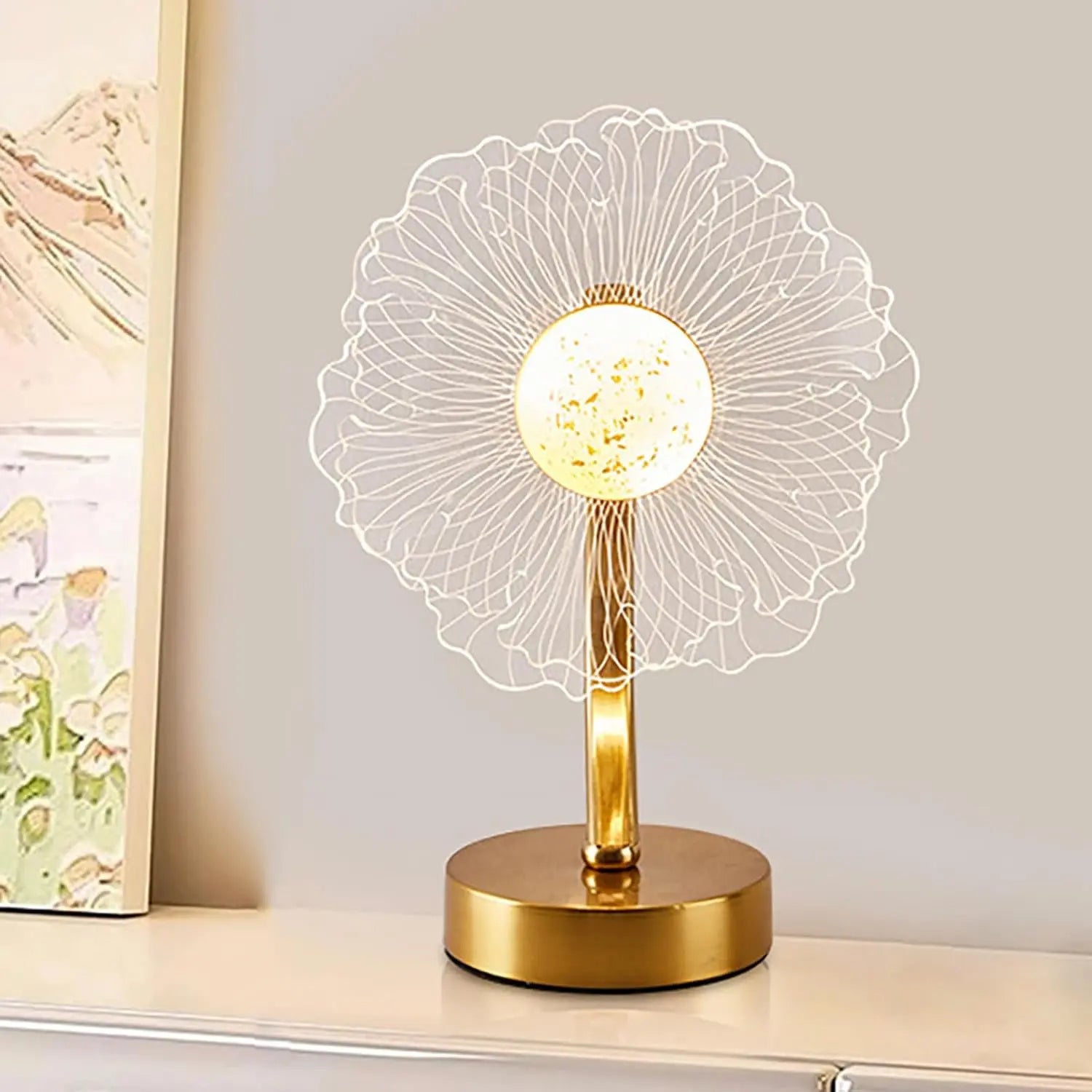 Decorative table lamp with floral design on a neutral background