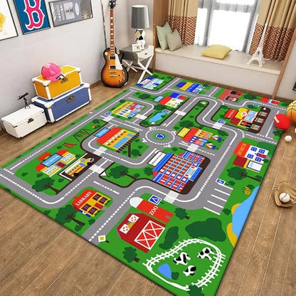 Colorful children's play rug with road and city design in a room with toys and furniture.
