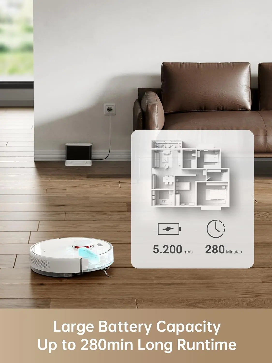 Robotic vacuum cleaner on a wooden floor with a diagram of a house and battery life information.