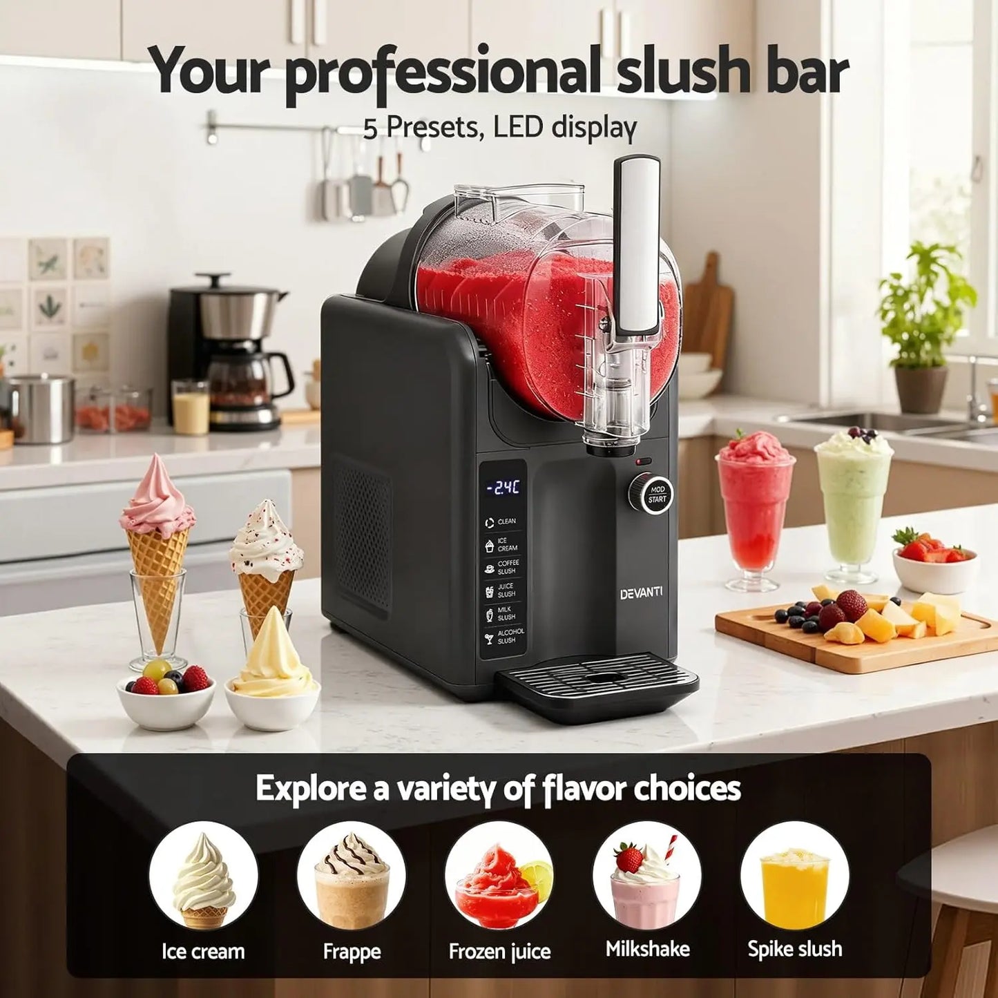 Slush machine on a kitchen counter with ice cream cones and ingredients, featuring text about presets and LED display.