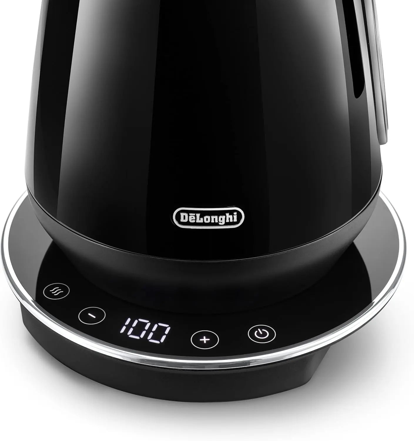 Black Delonghi electric kettle with digital display on a white background