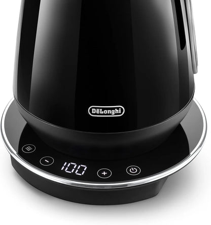 Black Delonghi electric kettle with digital display on a white background