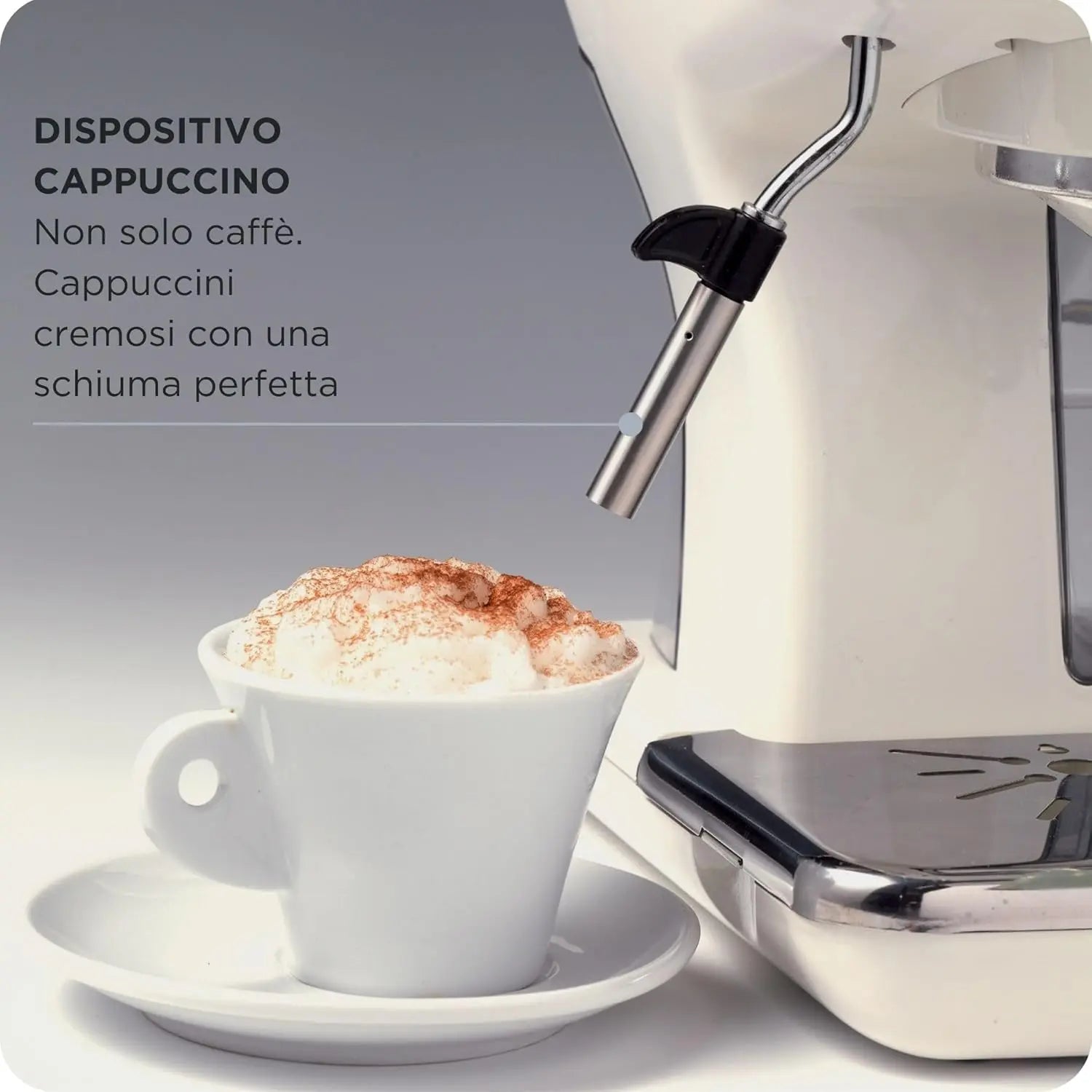 Espresso machine with a cappuccino and text about cappuccino device.