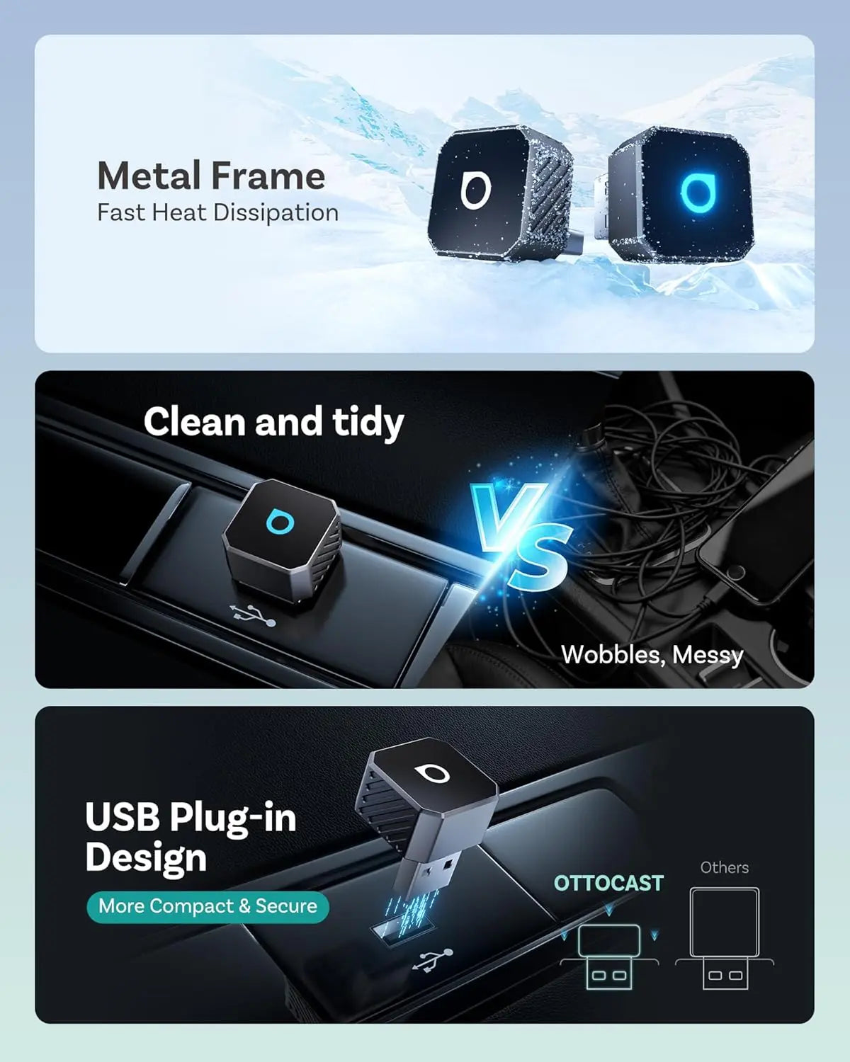 Product comparison chart with 'Metal Frame' and 'USB Plug-in Design' features on a blue and black background.