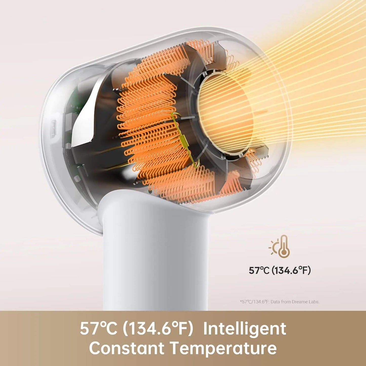Hair dryer with temperature control feature showing 57°C on a light background