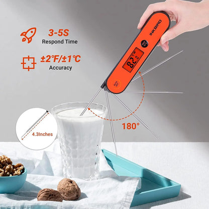 Digital thermometer being used to measure temperature of a glass of milk with product details displayed.