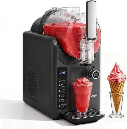 Slushy machine with red slushy, glass, and ice cream cone on a white background