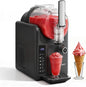 Slushy machine with red slushy, glass, and ice cream cone on a white background
