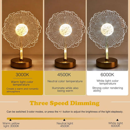 Three lamp options with different color temperatures and speed dimming on a beige background